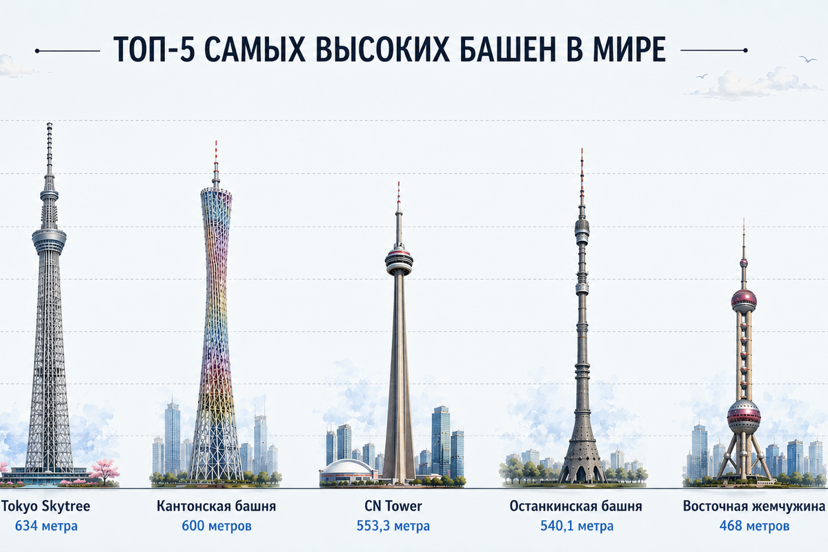     Выше облаков: топ-5 самых высоких башен в мире в одной инфографике