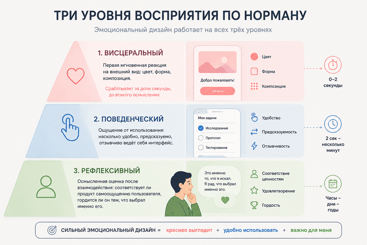 Эмоциональный дизайн работает на всех трёх уровнях одновременно