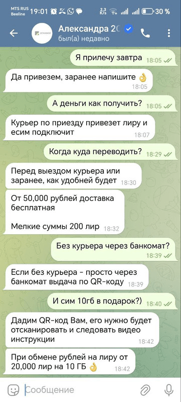 Классический маркер мошенничества: обещание «подвезти деньги курьером с eSIM в подарок». В 2Change курьерской доставки по территории Турции нет.