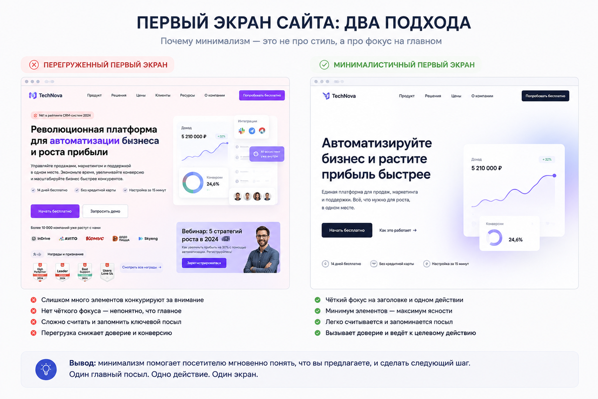 Минимализм на первом экране — не эстетика, а способ не распылять внимание