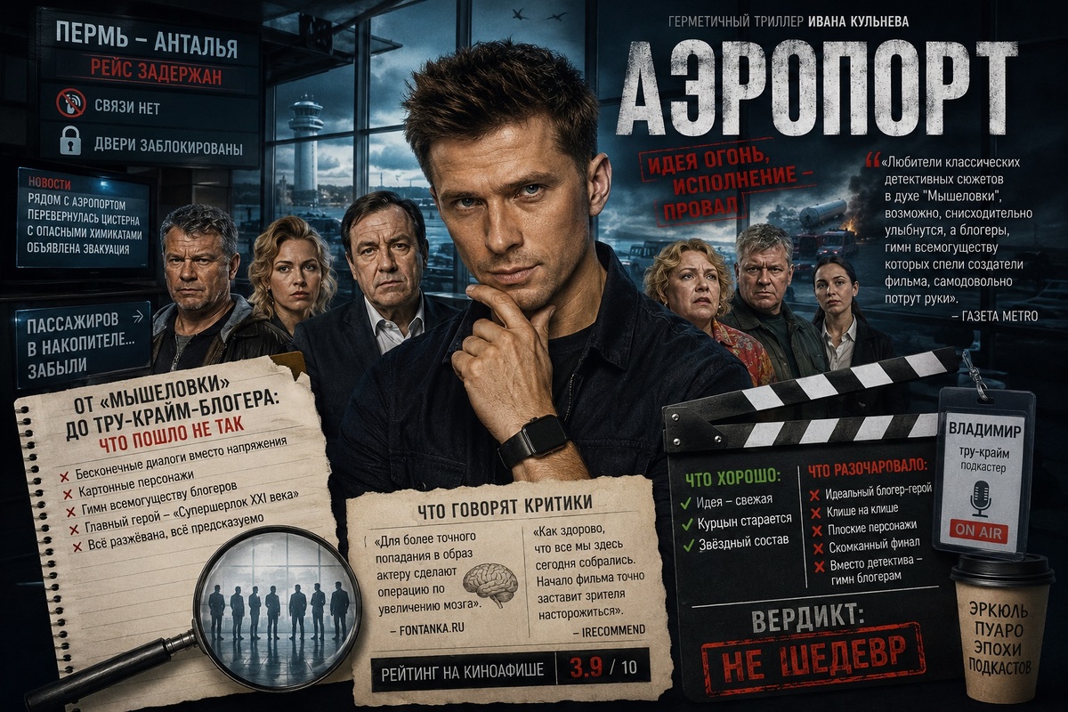 Фильм «Аэропорт» (2026): герметичный детектив о пассажирах, запертых в аэропорту, который критики назвали гимном всемогуществу блогеров.