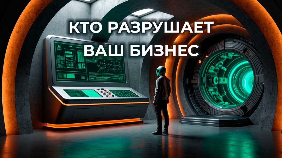 Человек в машинном зале с пультами и информационный тоннеляь со шлюзовым затвором, слева блок контроля и управления. Игорь Понкратов — Архитектор систем.