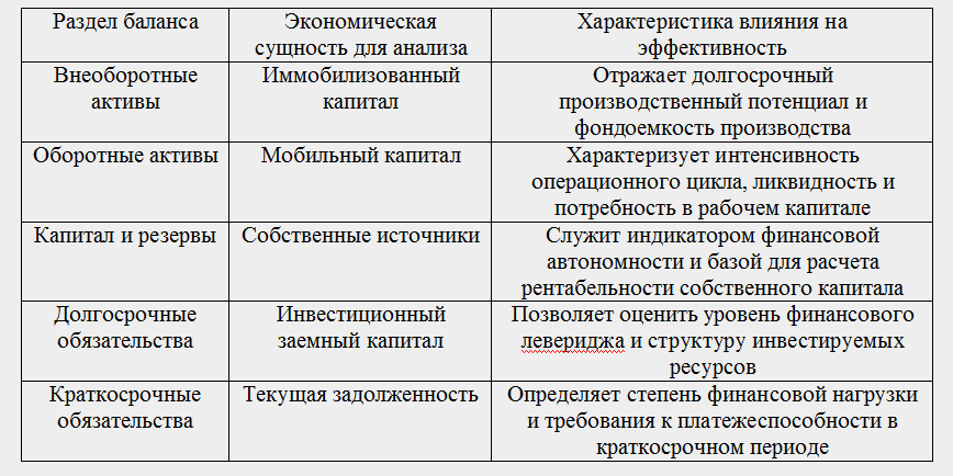 Таблица 1.1 – Аналитическая характеристика разделов бухгалтерского баланса как базы для оценки эффективности деятельности