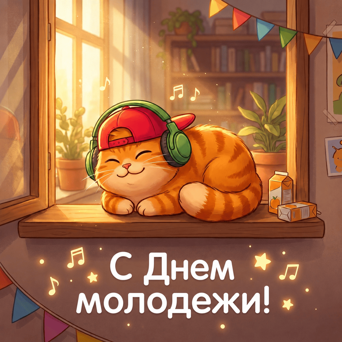 РБК Life📷Довольный кот в наушниках на подоконнике и поздравление «С Днем молодежи!»