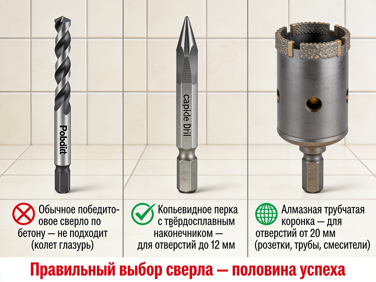 📸 Сравнение свёрл для плитки: копьевидное (перка) с твёрдосплавным наконечником — для отверстий до 12 мм, и алмазная трубчатая коронка — для отверстий от 20 мм под розетки, трубы и смесители. Обычное победитовое сверло по бетону (слева) для плитки не подходит — оно колет глазурь, а не режет. Правильный выбор сверла — половина успеха
