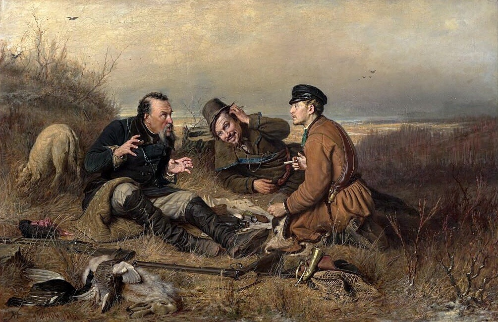 Перов Василий, «Охотники на привале», 1871, холст, масло,  119 x 183 см, Государственная Третьяковская галерея, Москва. Приобретено П.М. Третьяковым у автора. 1871