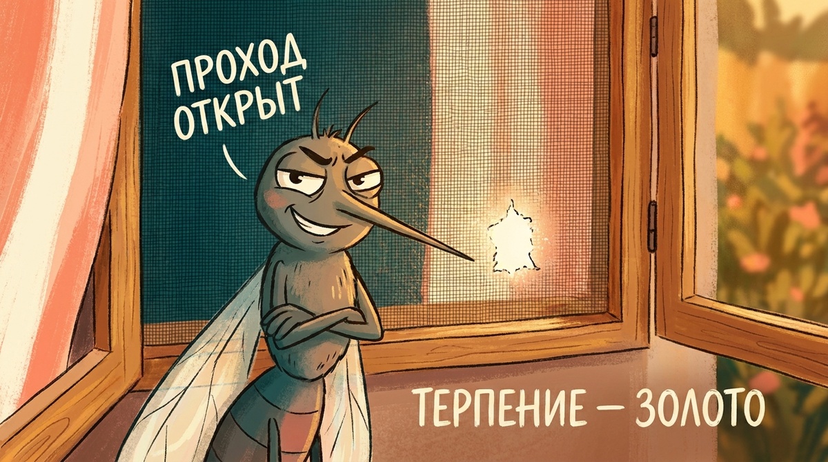 Сердитый комар стоит перед москитной сеткой со скрещенными лапками, но рядом видна крошечная дырка, через которую он скоро проскочит