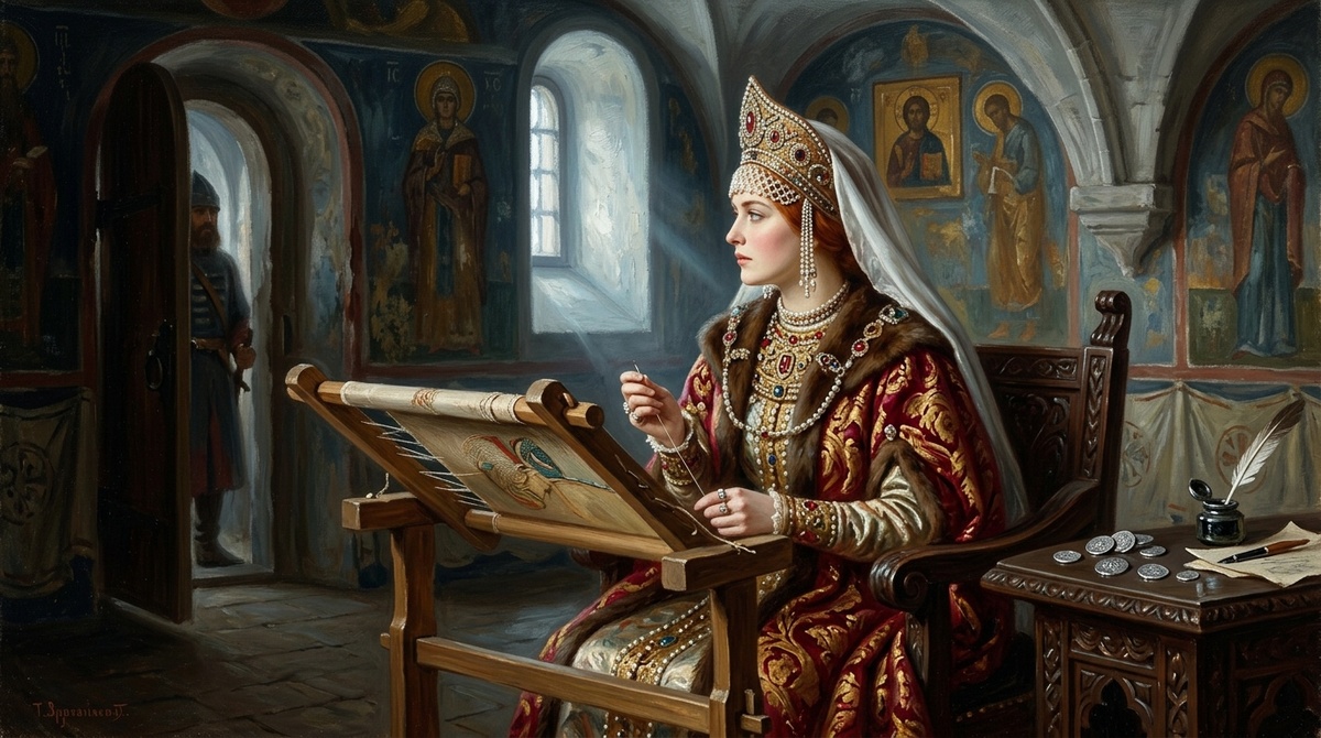 Княгиня у пялец оборачивается на стук из соседней палаты, а на столике поблёскивают свежеотчеканенные серебряные монеты — те самые первые копейки.