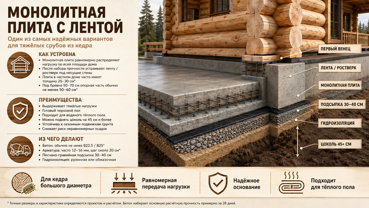 Фундамент: Монолитная плита с лентой / Инфографика
