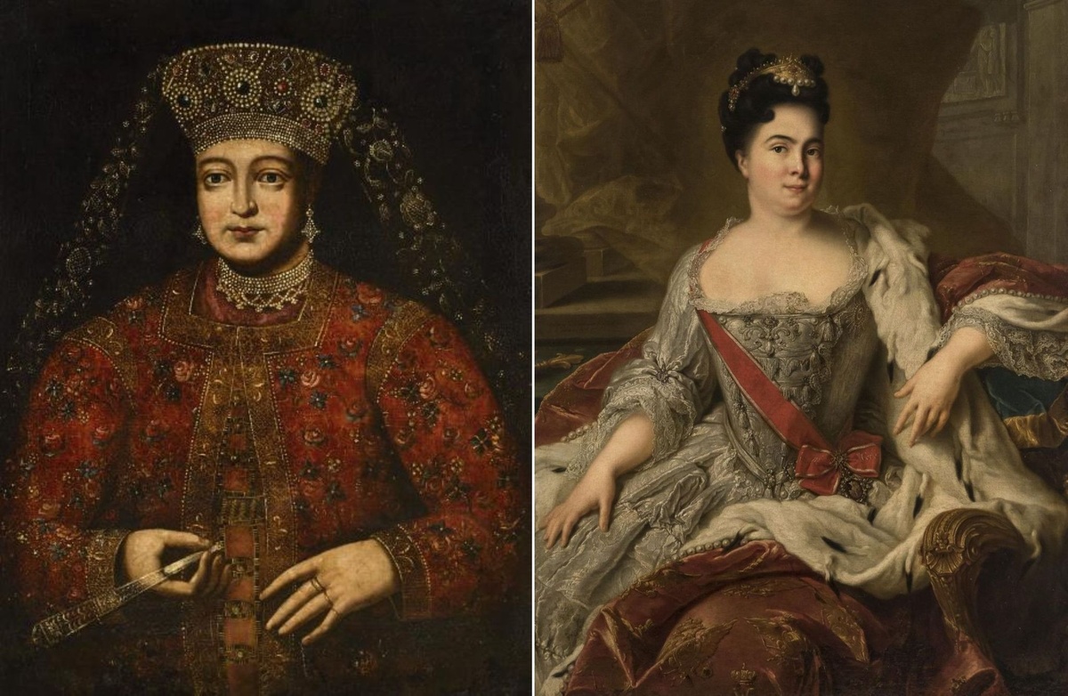 Неизвестный художник. «Портрет царицы Марфы Матвеевны», не позднее 27 апреля 1682 года, Государственный Русский музей, Санкт-Петербург © Public domain // Жан-Марк Натье. «Портрет императрицы Екатерины I», 1717 год, Государственный Эрмитаж, Санкт-Петербург © Public domain