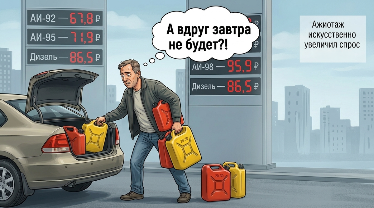 Карикатура: когда паника сильнее логики. Обычный водитель в роли „нефтяного барона“ на фоне спокойной АЗС без очередей и реальные цены на топливо. Контраст, который говорит сам за себя. Создана нейросетью.