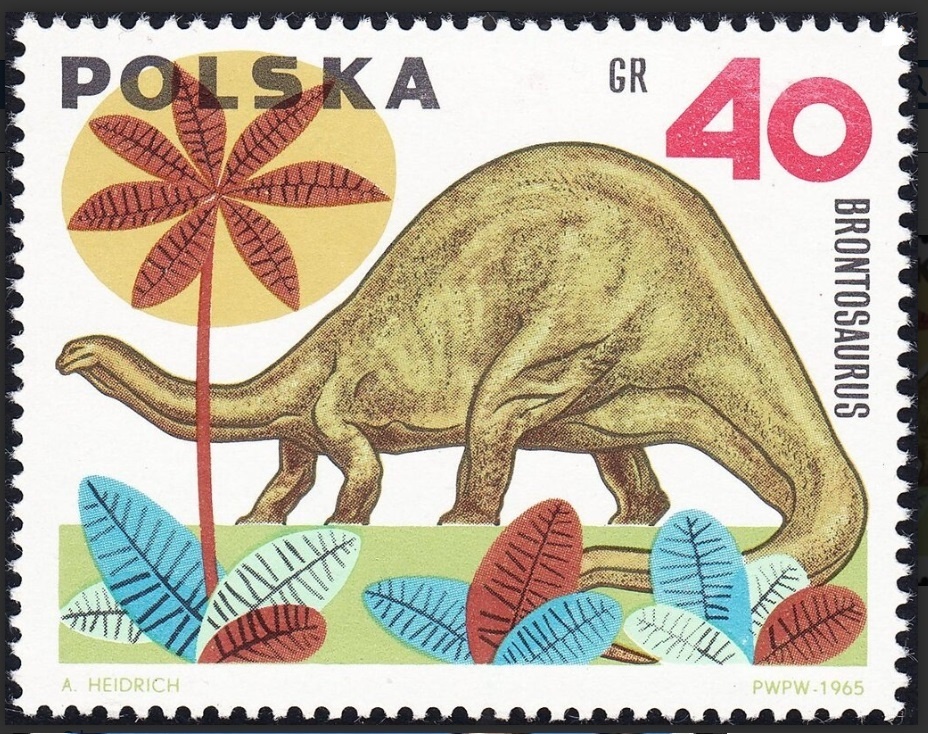 Польша, 1965 г. Марка из серии "Доисторические животные". БРОНТОЗАВР 