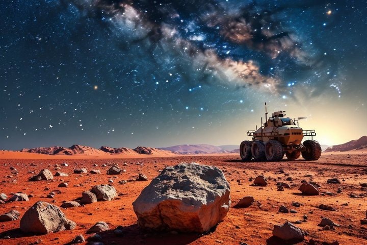    Марсоход Perseverance с 2021 года колесит по кратеру Езеро — дну древнего марсианского озера. Людмила Губаева/сгенерировано при помощи нейросети «Шедеврум»