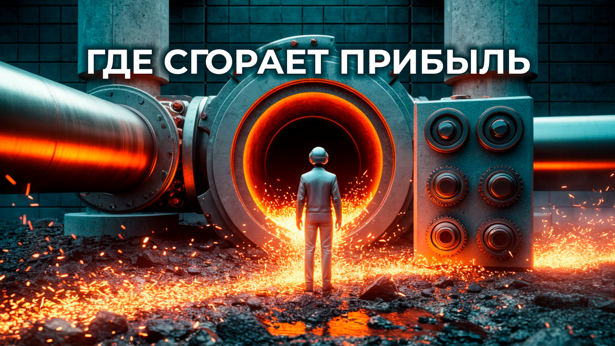 Диагональ из-за плеча: человек наблюдает за медным каналом с трещинами, где теряется поток, и бездействующим распределителем. Игорь Понкратов — Архитектор систем.