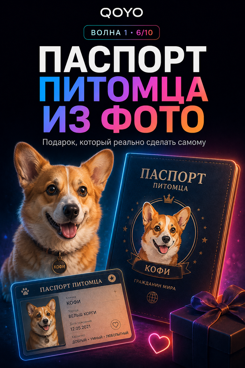 Фото питомца → красивый паспорт или открытка за минуты. Готовая задача на QOYO. 