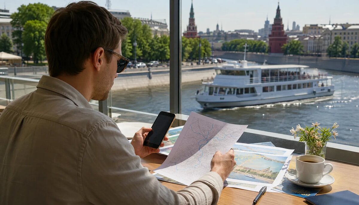 Путешественник выбирает круиз из Москвы, глядя на реку и теплоход.