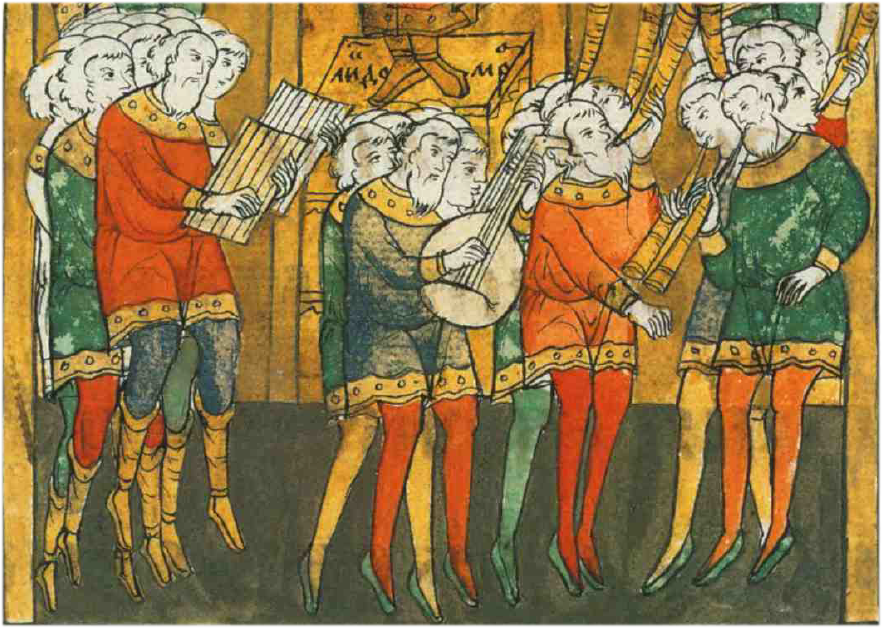 Фрагмент миниатюры "Давид-псалмопевец", Годуновская псалтирь, 1594.
