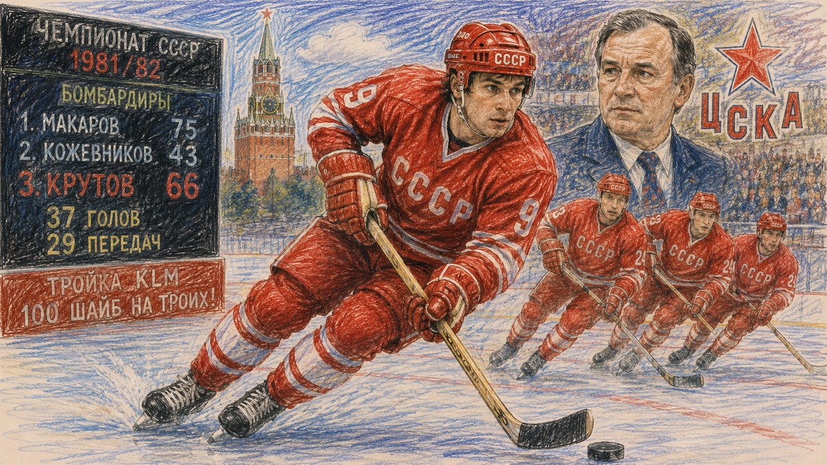 Иллюстрация. Владимир Крутов в чемпионском сезоне 1981–1982: 66 очков и легендарная тройка ЦСКА.