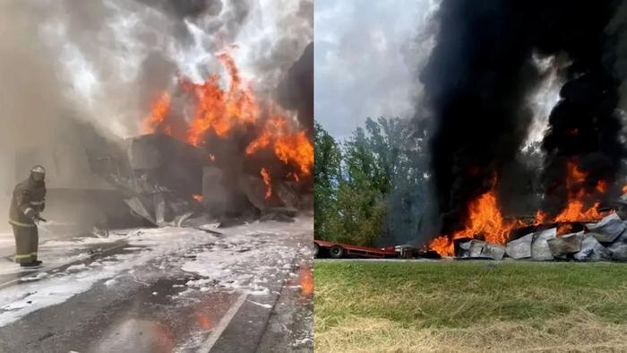 Под Ростовом две фуры вспыхнули после ДТП, один водитель сгорел в кабине. Фото © Telegram / Госавтоинспекция Ростовской области