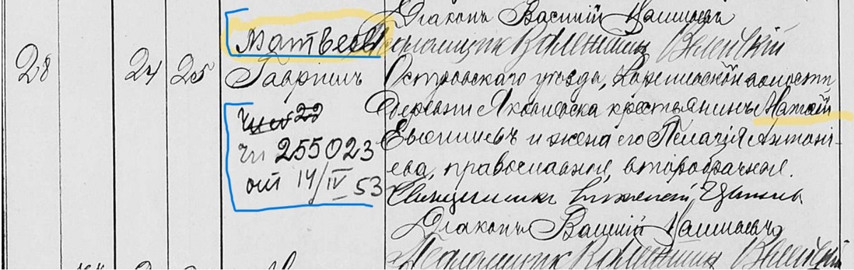 Скриншот из Метрической книги Успенской церкви пригорода Выбора 1909 года, Псковская губерния - материалы канала Биография Рода.