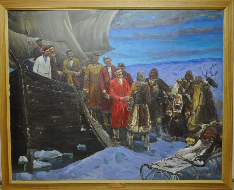 Картина «Семён Дежнёв», 1986 г. , автор — Григорий Степанович Зорин. Многофигурная историческая картина: Дежнёв в красном кафтане на палубе коча