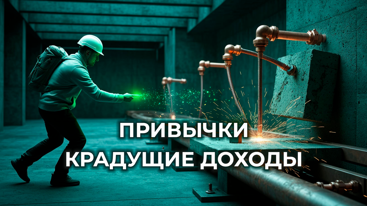 Фронтальная проекция: человек в движении указывает на разрыв медного трубопровода; над ним тенсегрити-ядро с провисшим тросом и сходящий с рельса магнитный блок. Игорь Понкратов — Архитектор систем.