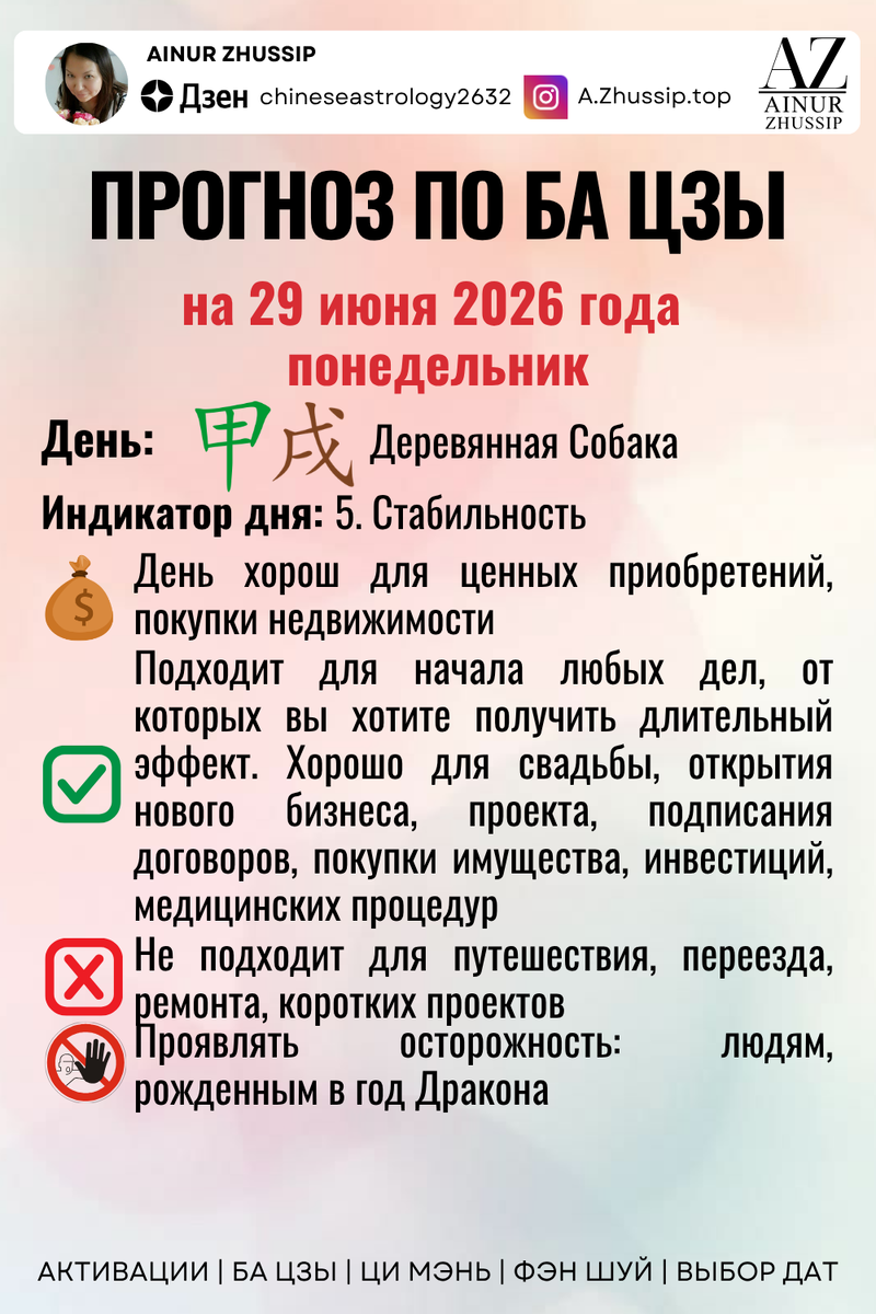 Прогноз по Ба Цзы на 29.06.2026 г.