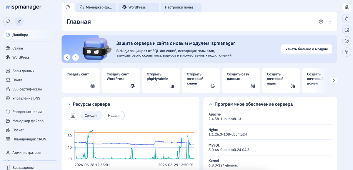 Дашборд панели ispmanager для управления сайтами
