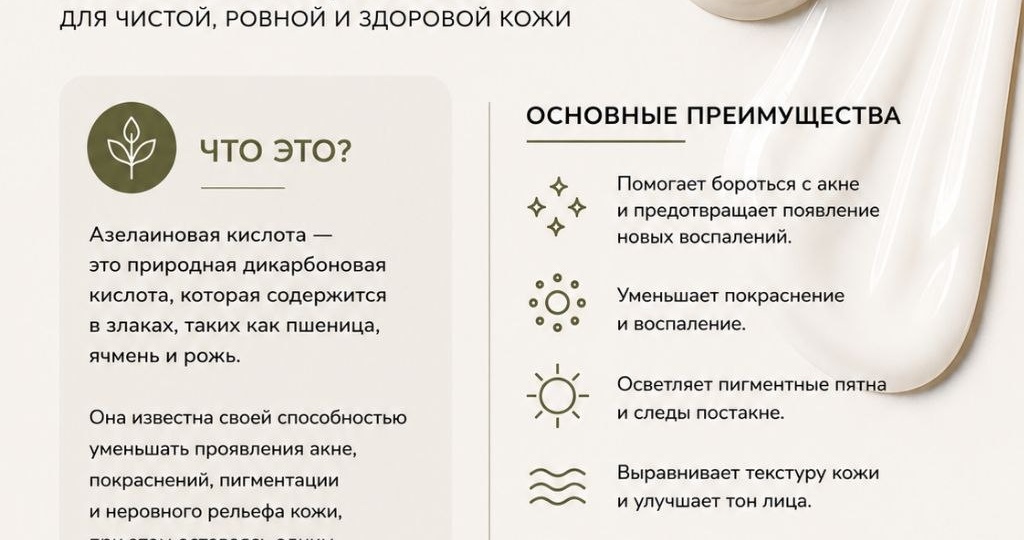 Пока большинство кислот отправляются в летний отпуск, азелаиновая продолжает спокойно работать: помогает бороться с жирным блеском