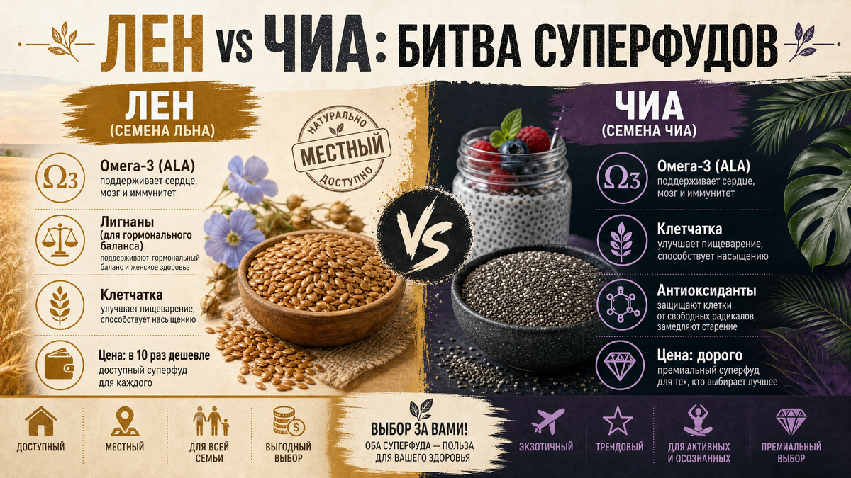 Изображение: Инфографика, наглядно сравнивающая семена льна и чиа по ключевым показателям: Омега-3, лигнаны, клетчатка и цена, подчеркивая превосходство льна.