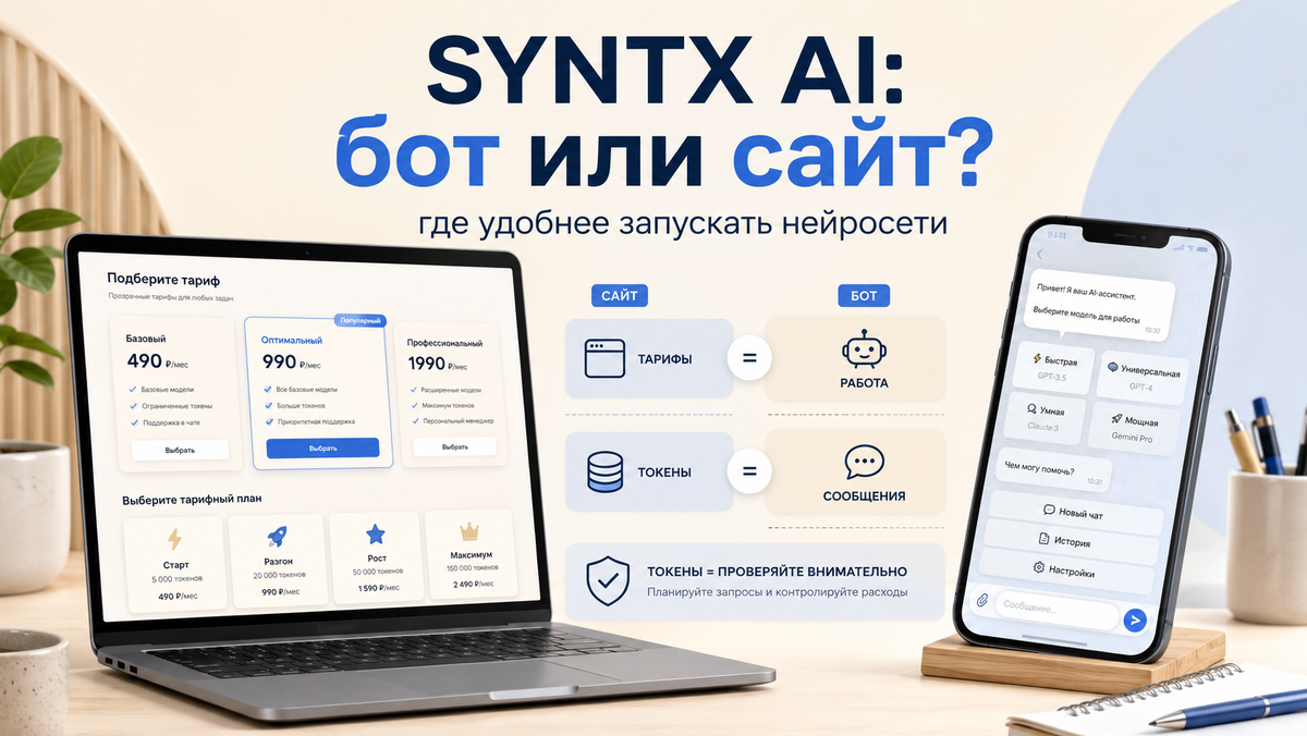 Сайт SYNTX AI как витрина, Telegram-бот как рабочий интерфейс.