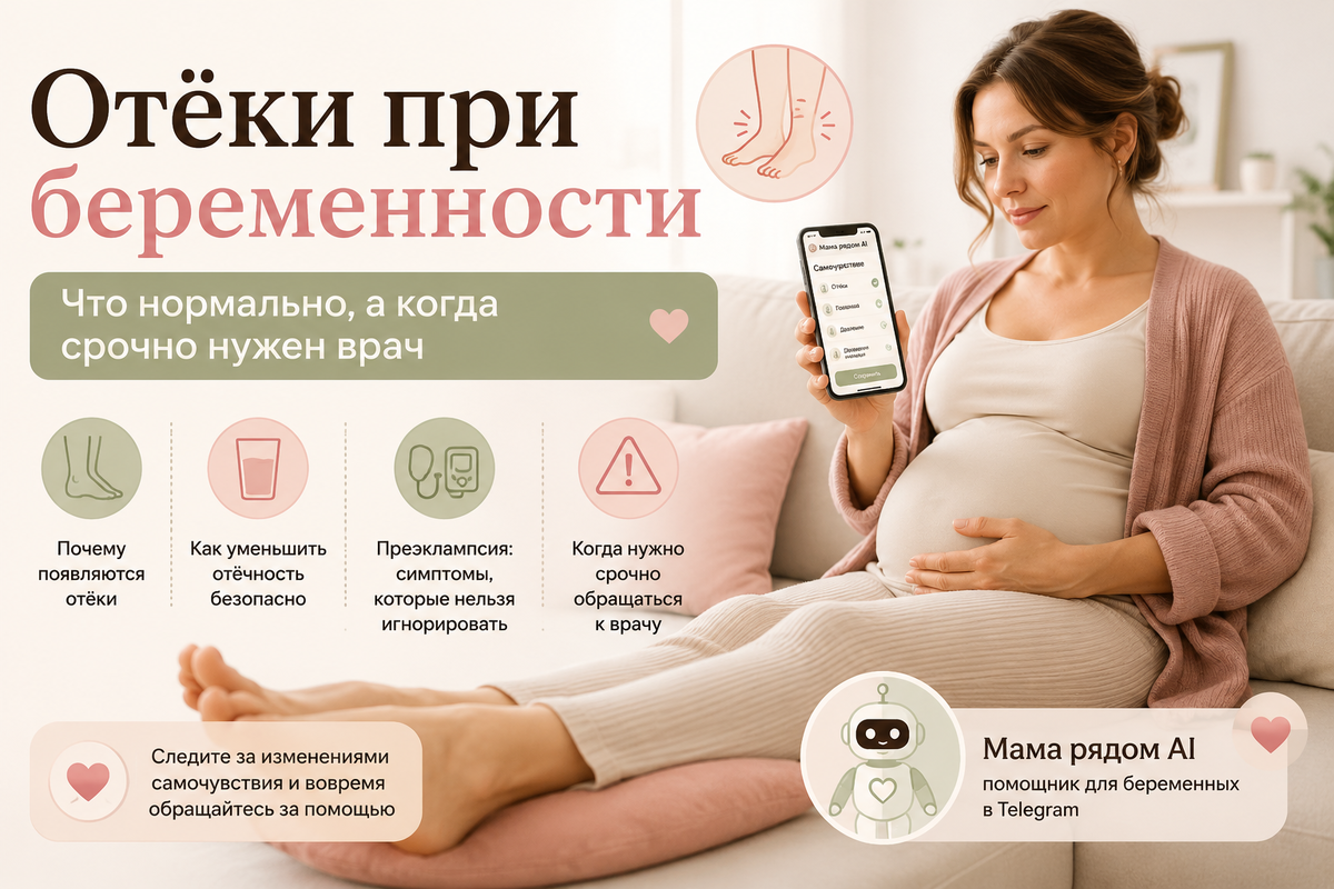 Беременная женщина отдыхает с приподнятыми ногами и отмечает самочувствие в телефоне
