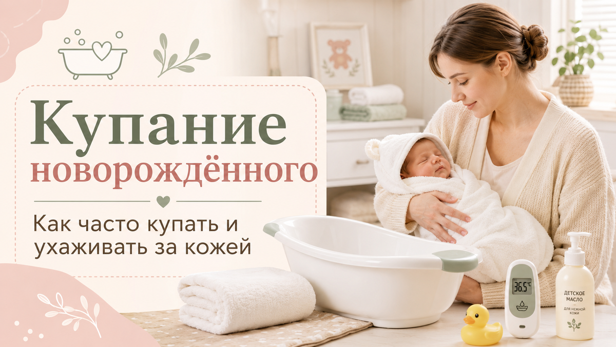 Мама аккуратно купает новорождённого в детской ванночке и проверяет температуру воды