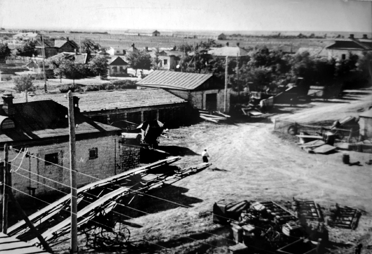 Вид на поселок с крыши механической мастерской на северо-запад. Начало 1950-х гг.  Справа вдали - крыша главной конторы, левее - крыша б. дома управляющего.