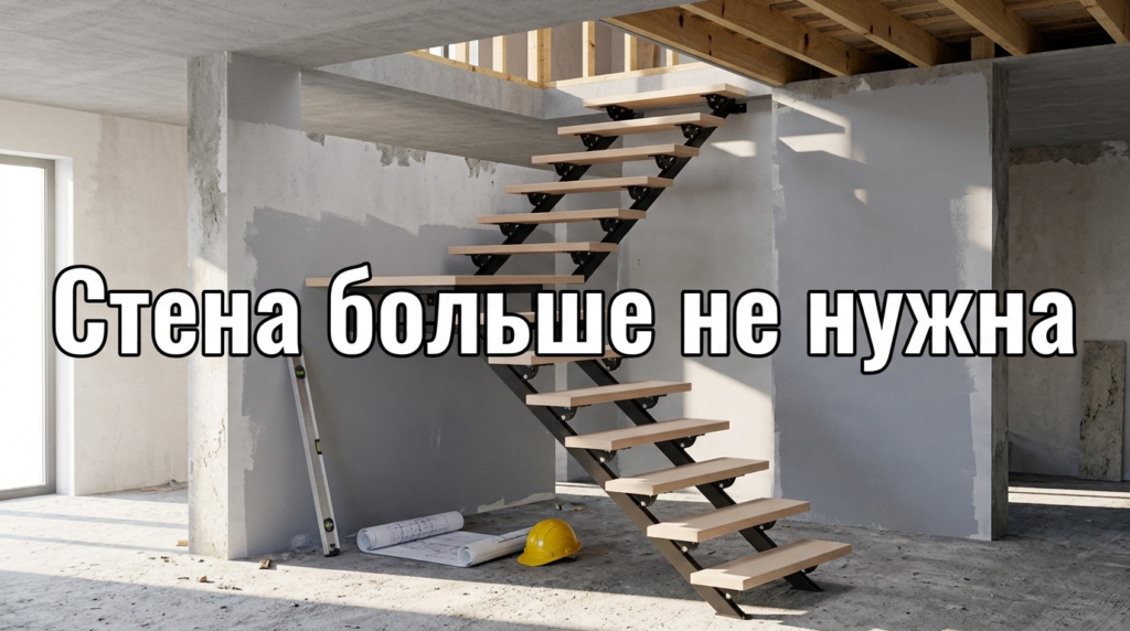    Изображение демонстрирует преимущества модульной лестницы OK.LEVIN, которая не требует крепления к стене посередине. OK.Levin