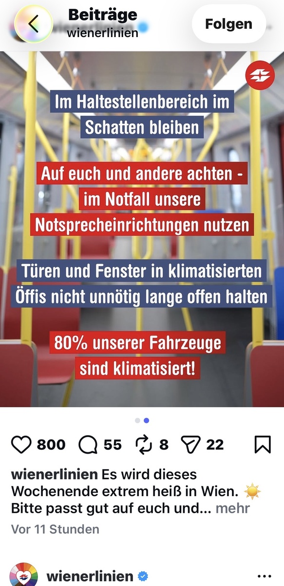 Официальный пост Wiener Linien с советами по выживанию в жару и гордым, но очень спорным заявлением о том, что 80% их транспорта оснащено кондиционерами. Скриншот автора.