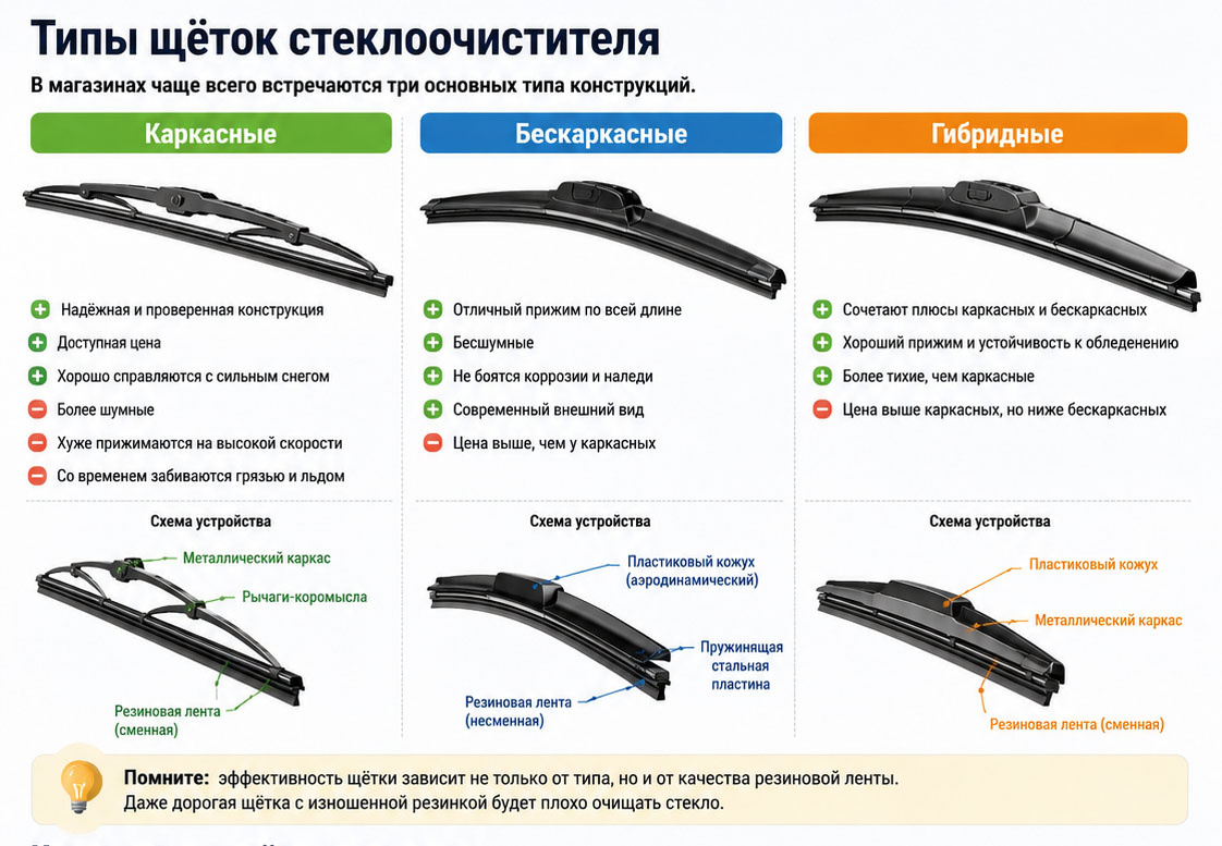 Наглядная картинка по типам щёток стеклоочистителя