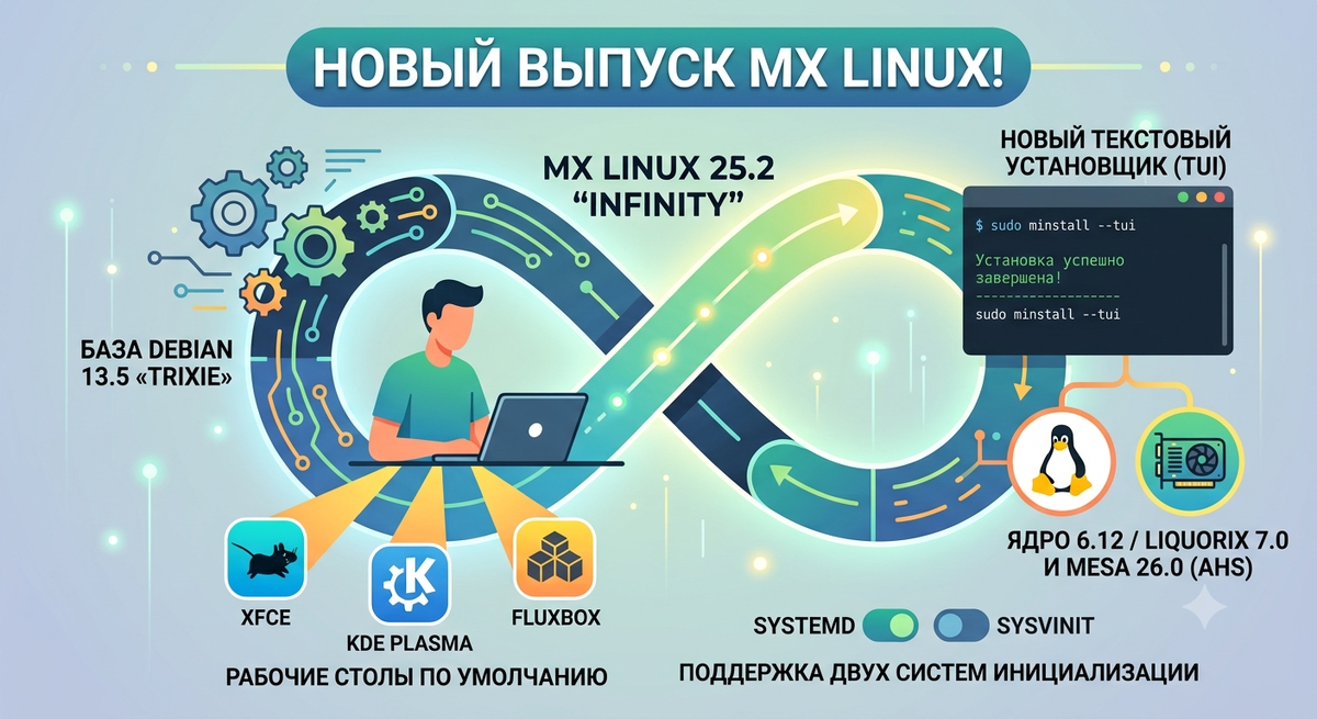 Встречайте MX Linux 25.2 «Infinity»: Текстовый установщик, свежие ядра и база Debian 13.5