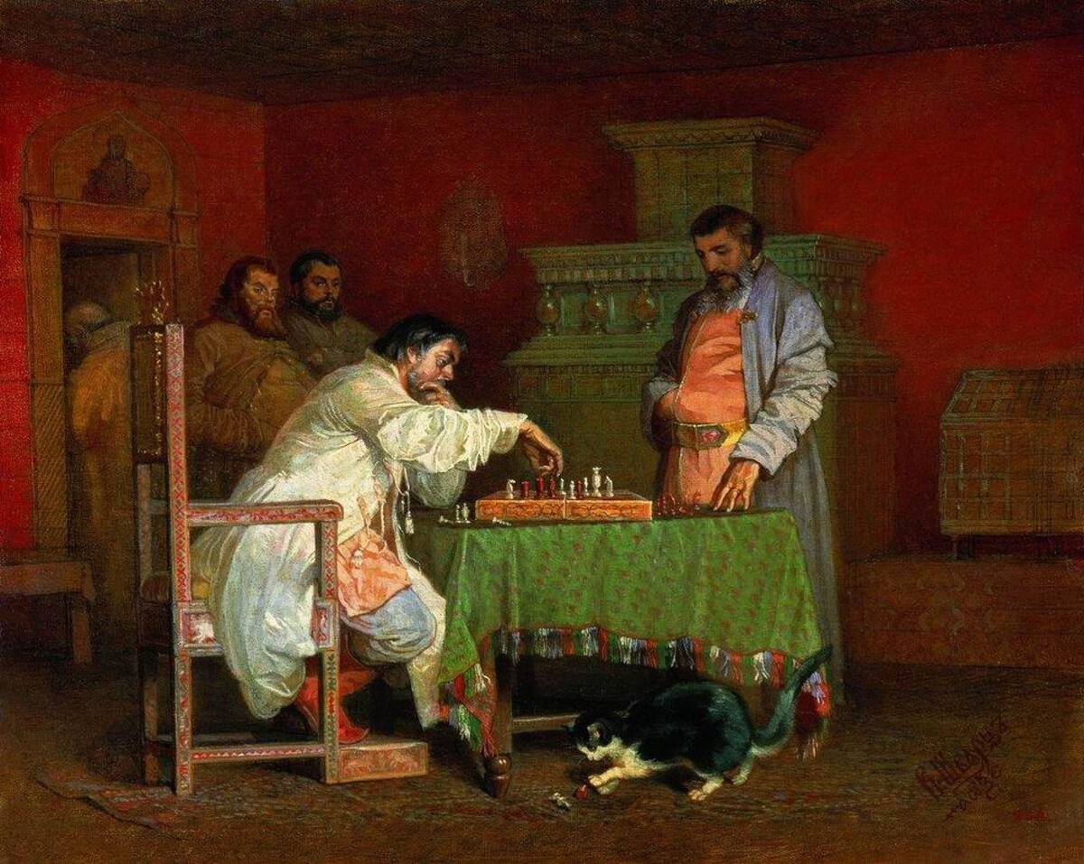 Сцена из домашнего быта русских царей - игра в шахматы царя Алексея Михайловича
