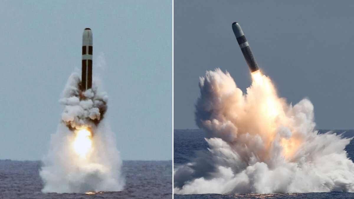 Подводные лодки USS Maryland (SSBN-738) и USS Maine (SSBN-741) проводят испытательный пуск межконтинентальной баллистической ракеты Trident II. (©ВМС США)