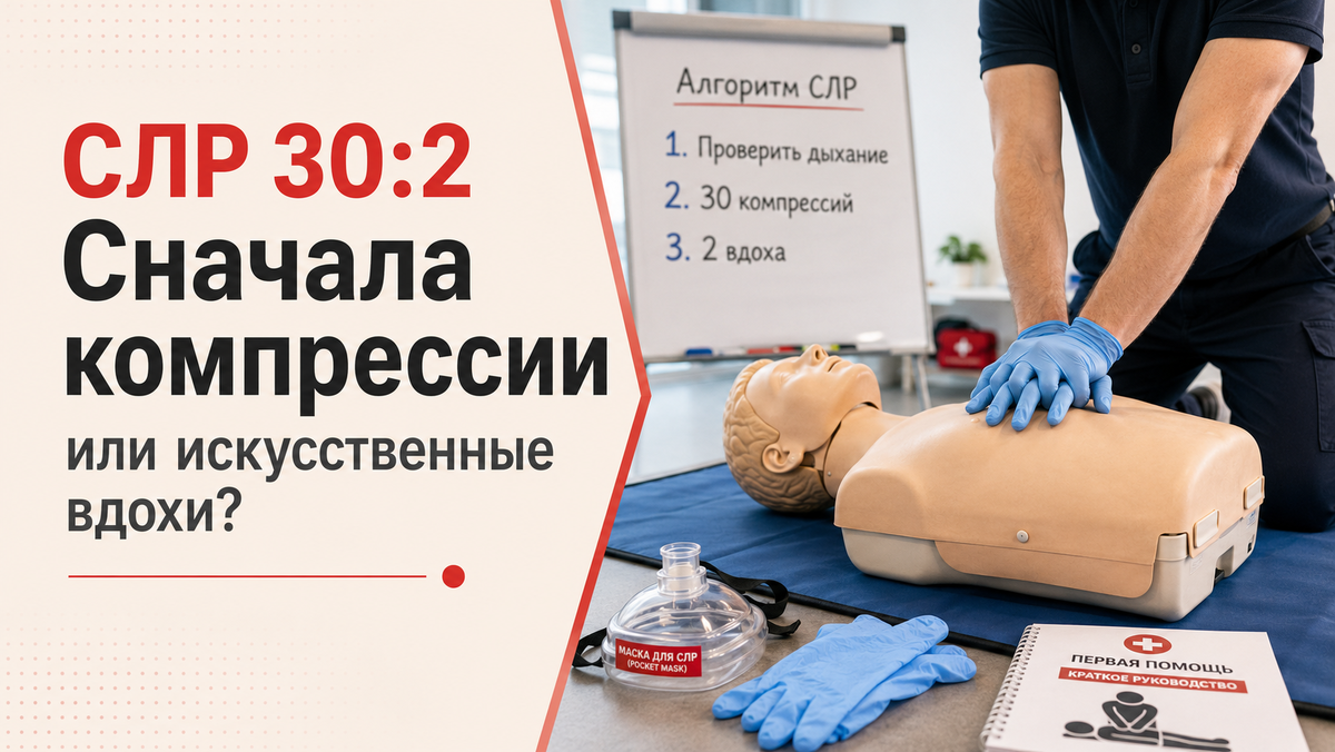 При СЛР у взрослого чаще начинают с компрессий грудной клетки, а затем выполняют искусственные вдохи по схеме 30:2.