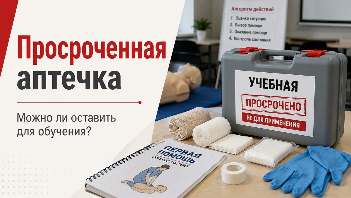 Просроченную аптечку можно оставить для обучения, если она списана, промаркирована и хранится отдельно от действующих аптечек.