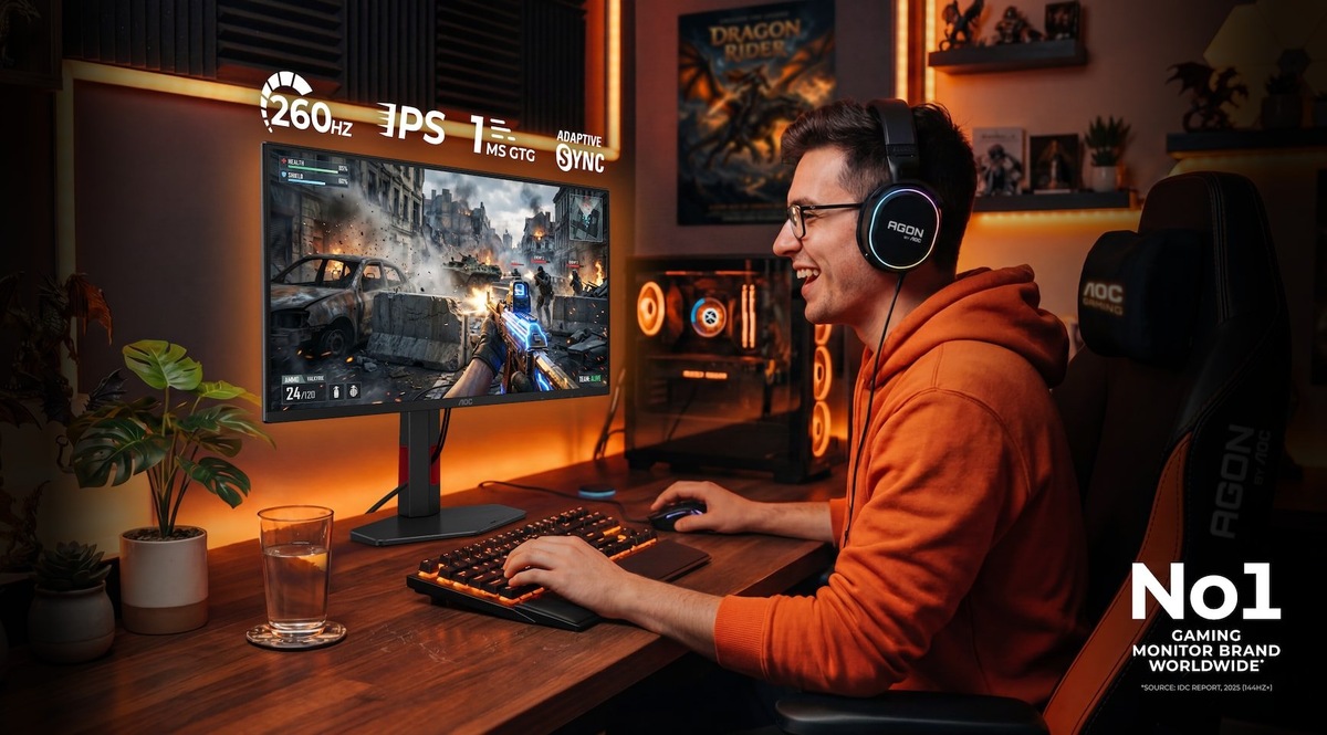    Gamer in an orange hoodie playing a lit-up action game on a desktop monitor, wearing large headphones in a cozy RGB-lit setup with a No.1 logo in the corner.