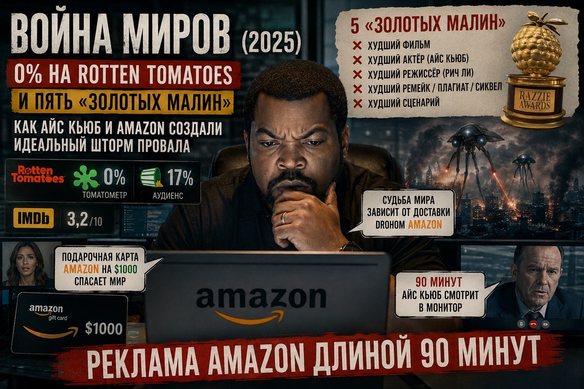 Почему «Война миров» (2025) с Айс Кьюбом стал одним из самых провальных фильмов года: 0% на Rotten Tomatoes, пять «Золотых малин» и скандальные отзывы критиков.