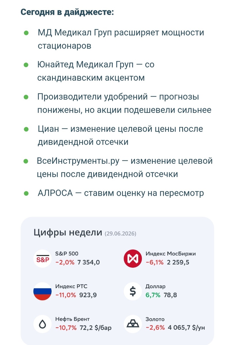 Содержание и цифры недели, которые все в минусе. Скриншот автора 