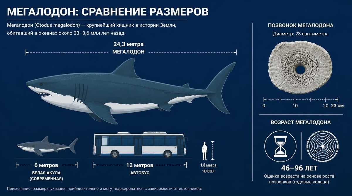 Инфографика, показывающая сравнительные размеры мегалодона (24,3 метра в длину) на фоне современных объектов: автобуса (12 метров), большой белой акулы (6 метров) и фигуры человека (1,8 метра). © ab-news.ru