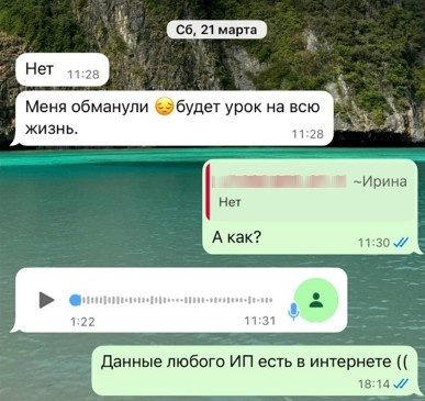 Скрин из переписки с пострадавшей от мошенников в Телеграм. Из рабочего архива репутационного агентства YouStory Global