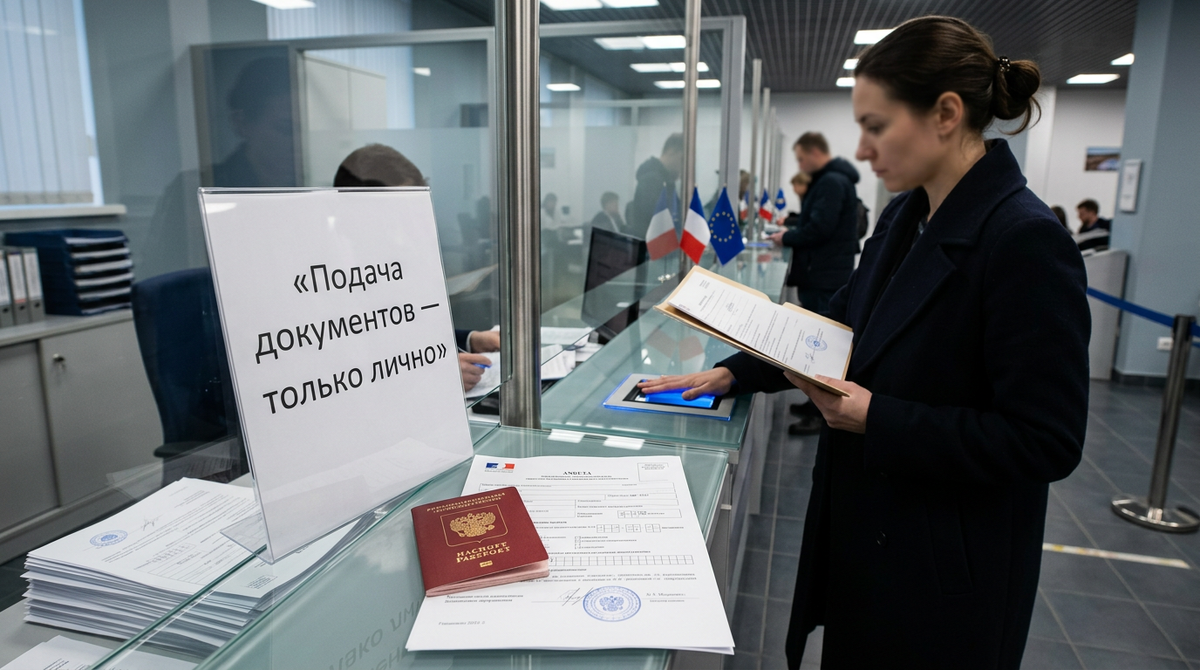 Женщина у стойки визового центра, на стойке табличка на русском языке «Подача документов — только лично». Сгенерировано с помощью нейросети/Новости без прикрас