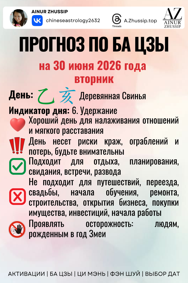 Прогноз по Ба Цзы на 30.06.2026 г.