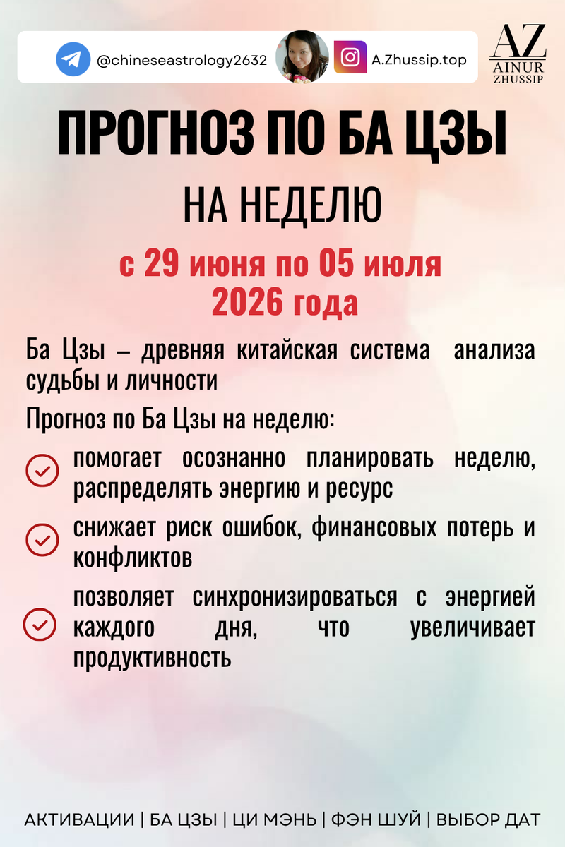 Прогноз по Ба Цзы на неделю с 29 июня по 05 июля 2026 г.